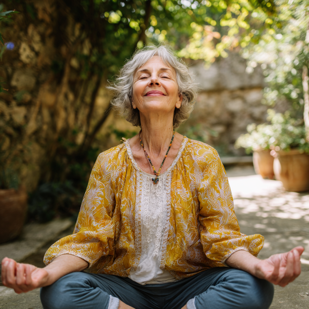 Elderly European woman in peaceful yoga pose on a mat in a serene studio setting with natural lighting