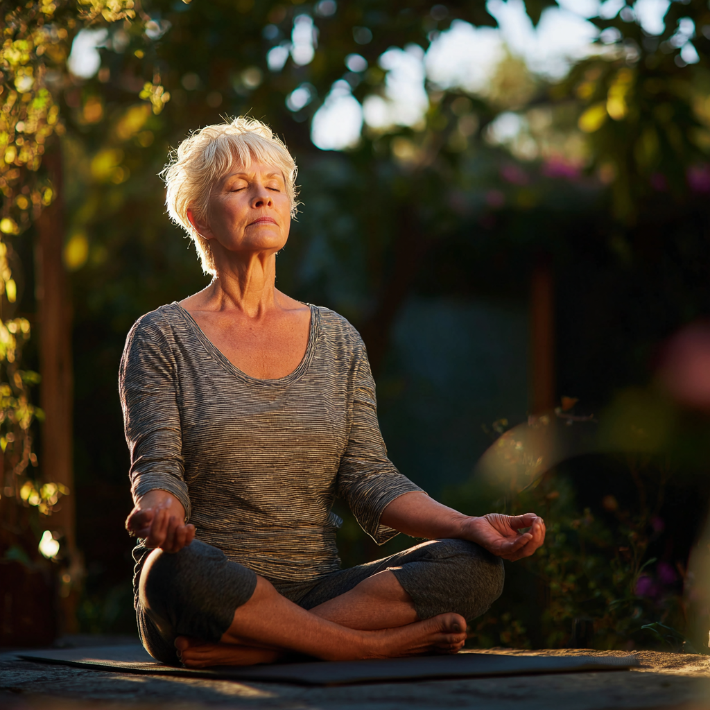 Elderly European woman in comfortable meditation pose on yoga mat with peaceful expression and relaxed posture